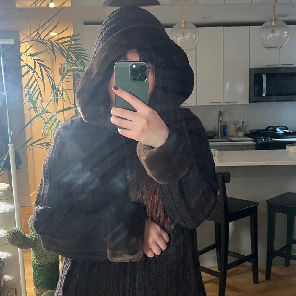 Vintage Alpaca Wool Blend Fur Lined Hood Zip Cardigan M